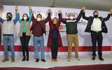 Cuéllar Cisneros estuvo acompañada de los dirigentes de los partidos que conforman la coalición “Juntos Haremos Historia en Tlaxcala”. | Mizpah Zamora